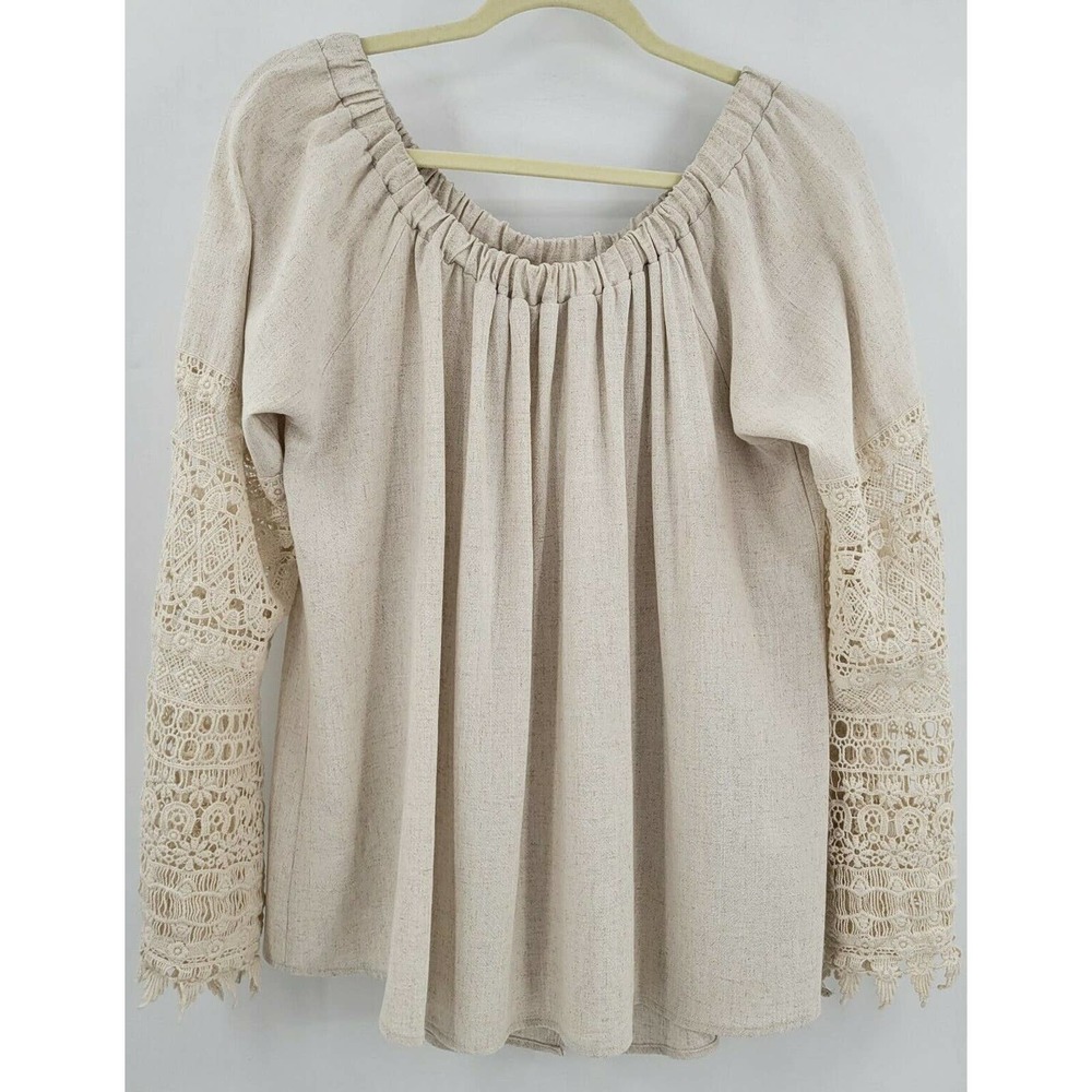 Chrysanthemum Women's M Tan Bell Sleeve Crochet Bell Sleeve Top Slouchy Linen - Picture 2 of 10